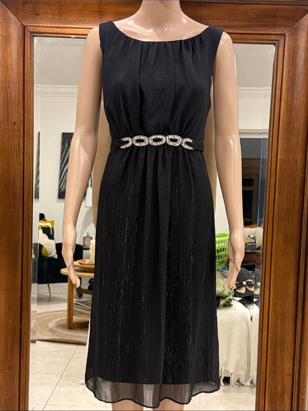Vintage 80’s SL Fashions Sleeveless Midi Dress with Rhinestone Waist Size 12